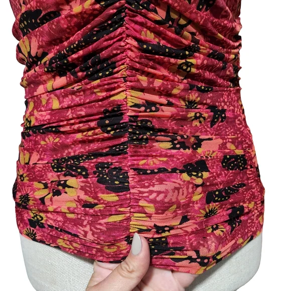 EVEREVE Novah Floral Mesh Ruched Tank Top Women XS Pink Multi Summer Y2K - Picture 4 of 14